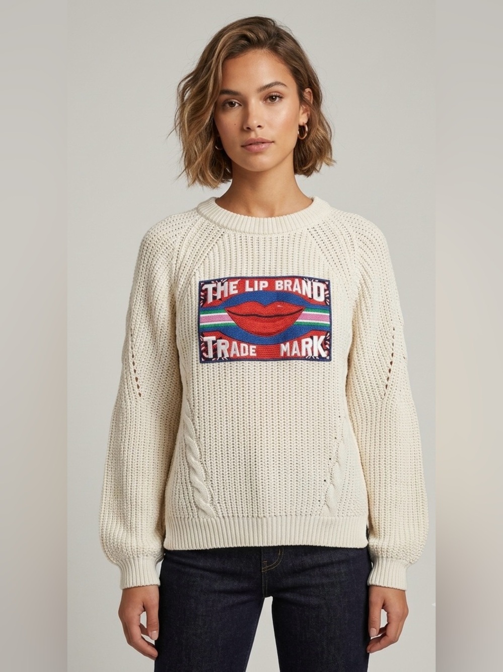 Jazmin Chebar Cream Knit "The Lip Brand" Graphic Patch Sweater